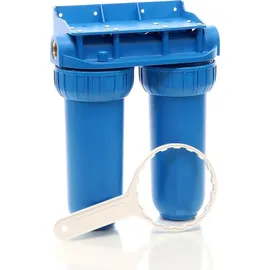 Naturewater NW-BR10B2 2 Stufen Wasserfilter Doppelfilter, 5 μ, 26,16 mm (3/4"), Ø62 mm PP Kartusche, Filter Wandhalterung, Filterschlüssel, Sedimentfilter Aktivkohleblock