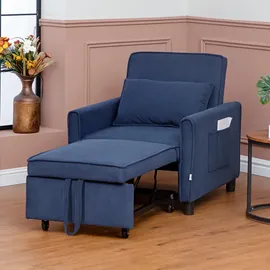 Homcom 3-in-1 Schlafsessel, Klappbett mit Bettfunktion, Lendenkissen, Klappbar Liegestuhl mit Verstellbarer Rückenlehne, Seitentasche, für Wohnzimmer, Kord, Blau