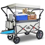 TMZ Bollerwagen Faltbar mit Zwei Klappbaren Sitzen, Handwagen mit Dach&Bremse, Vorderseite Aufklappbar, Aufhängetasche und Vier Schnell Abnehmbaren Rädern für Camping Strand Einkauf Tier (Weiß/grau)