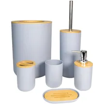 Intirilife Badezimmer Zubehör Set aus Bambus und Kunststoff in Grau - 6 teiliges Set Zahnputzbecher Zahnbürstenbecher Seifenschale Seifenspender Toilettenbürste mit Halterung und Mülleimer