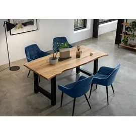 SalesFever Essgruppe "Esszimmerausstattung aus Holz und Metall", blau (natur, blau, schwarz, blau, schwarz), Samt, 180,90, Massivholz, Metall, Polyester, Sitzmöbel-Sets, Essgruppe