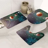 BAFAFA Planet Space Sonnensystem bedrucktes Badematten-Set Badezimmerteppich-Set, superweiche, rutschfeste WC-Vorleger mit U-förmiger Matte für Badezimmer, Badewanne, Dusche – 3-teilig