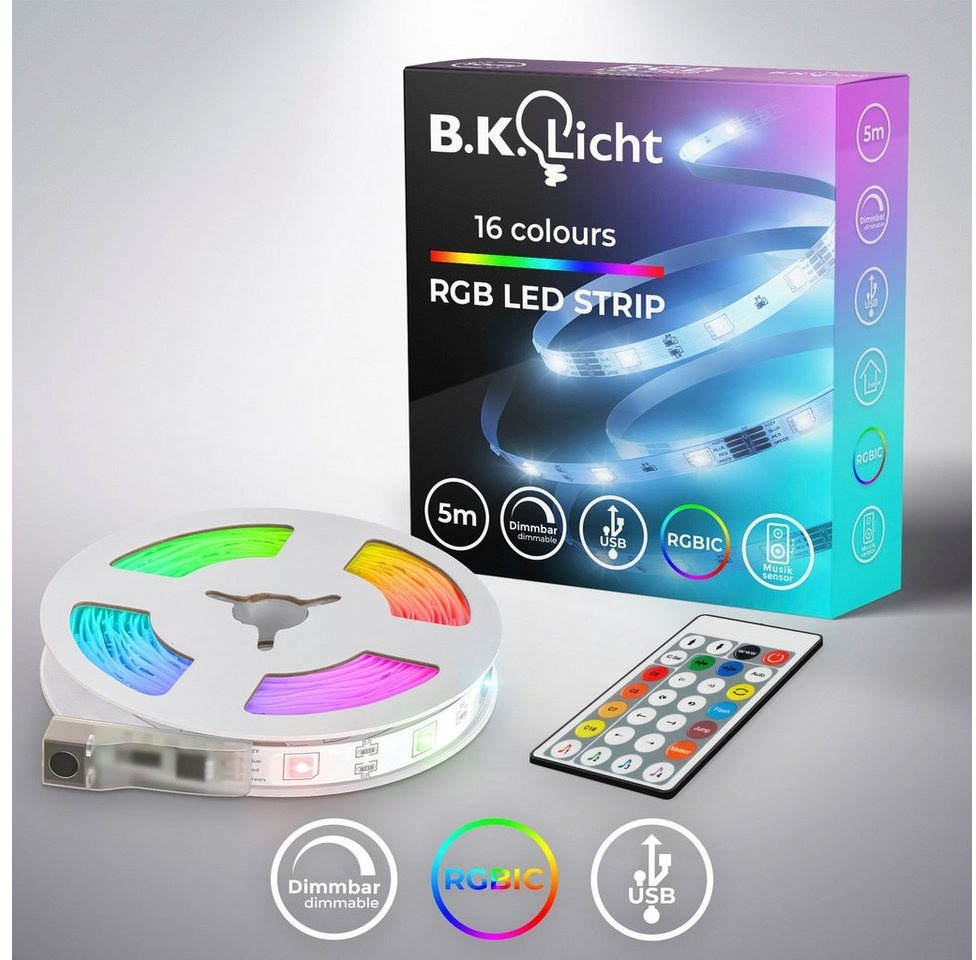 B.K.Licht LED-Streifen USB RGBIC, 150-flammig, Lichtleiste, mit Musiksensor, mit Fernbedienung, selbstklebend weiß