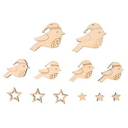 Holzmotive Vögel & Sterne, flach, 2,5–4,3 cm, 12 Stück