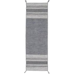 Läufer CARPETFINE "Kelim Azizi", grau, B:80cm H:5mm L:350cm, Baumwolle, Teppiche, Fransenteppich, Baumwolle, Wendeteppich mit Fransen, Wohnzimmer