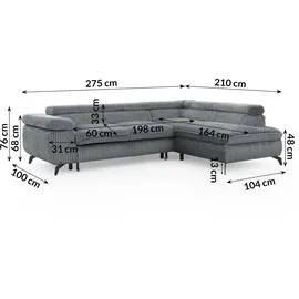 S-Style Eckcouch Cord 2-Sitzer Grau