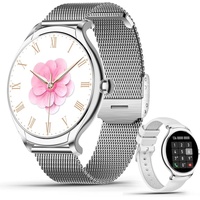 Smartwatch mit Telefonfunktion, Armbanduhr Damen Rund mit Pulsmesser Schlafmonitor Schrittzähler 128 Sportmodi Fitnessuhr Damenuhr für iOS Android