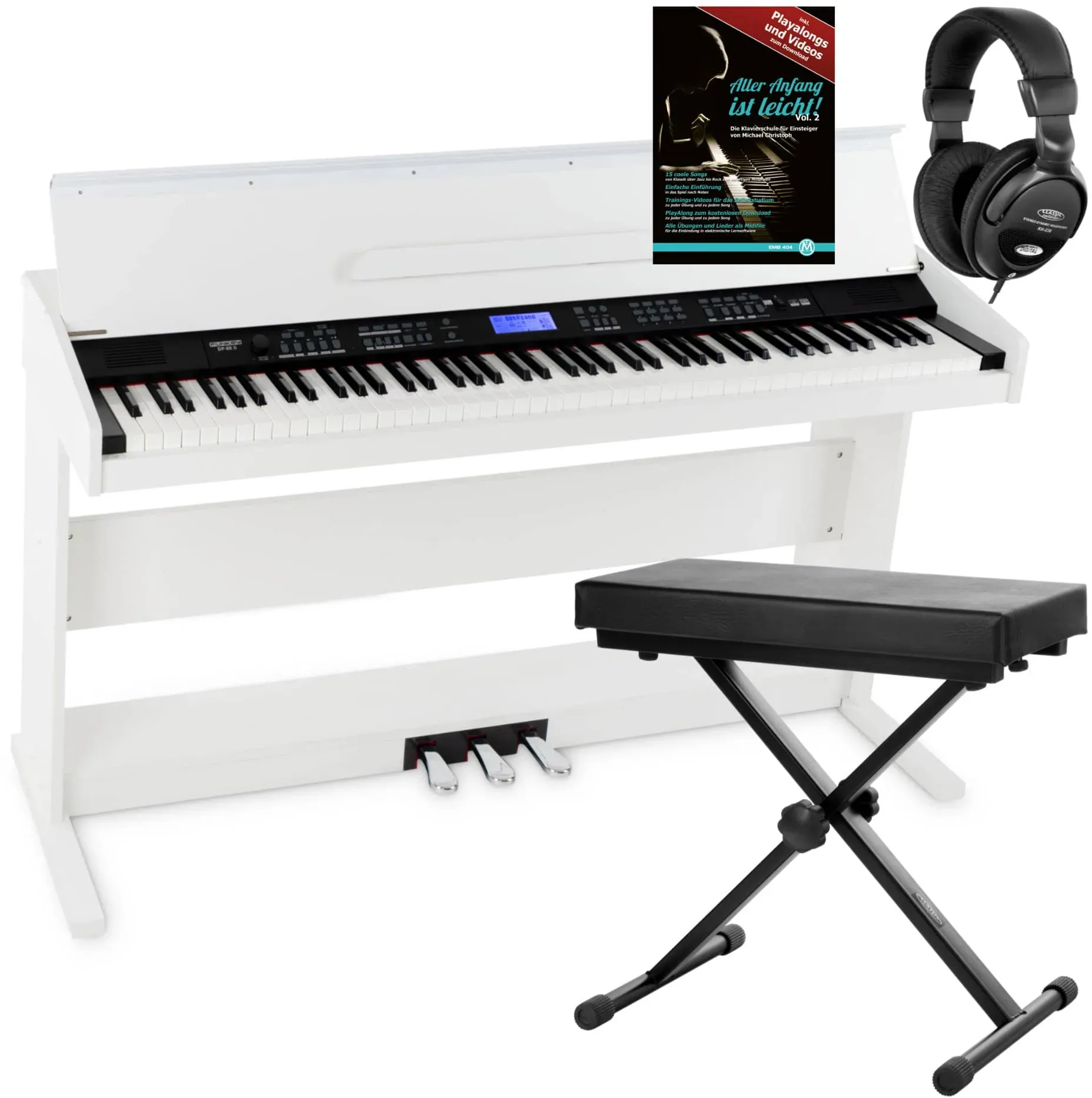 FunKey DP-88 II Digitalpiano weiß Set mit Keyboardbank, Kopfhörer und Klavierschule