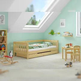Erst-Holz Gemütliches Kinderbett mit dreiseitiger Sicherung 90x200 cm Kiefer V-60.29-09Rollrost und Bettkasten inkl.