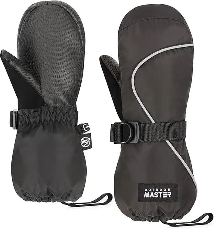 OutdoorMaster Kinder-Skifäustlinge, wasserdichte Winter-Thermo-Schneehandschuhe für Jungen & Mädchen, Skifahren, Snowboarden, Wintersport, Schwarz L