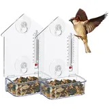 Relaxdays Fenster-Vogelfutterhaus mit Thermometer, Rot,Transparent