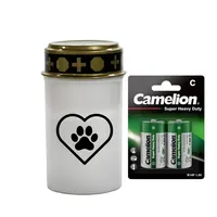 Fachhandel Plus Grabkerze LED Grablicht Hund Grablicht LED mit 2 LR14 Batterien Grabschmuck, Hunde Grabschmuck für ein würdiges Erinnerungslicht weiß