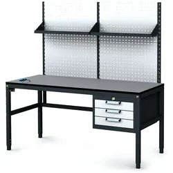 Antistatische ESD-Werkbank mit Lochplatte und Regalböden, 3 Werkzeugkästen mit Schubladen, 1600x800x745-985 mm