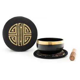 Klangschalen-Center Kleine schwarze Klangschalen in schwarzer, runder Box mit Longevity-Aufdruck: