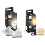 Philips Hue White GU10 Lampe Doppelpack 2x400lm, dimmbar, warmweißes Licht & White E27 Filament A60 550lm, warmweißes Licht, dimmbar, steuerbar via App, kompatibel mit Amazon Alexa (Echo, Echo Dot)