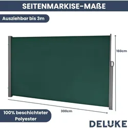 DELUKE® Seitenmarkise ausziehbar 160x300cm Blickdicht - Sichtschutz Windschutz | Markise Wandmarkise ausziehbar Sonnenschutz | Grün