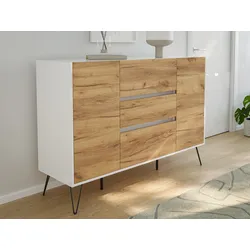 Sideboard Kommode Daro 140cm Greifraum 3 SoftClose 2 Türen Weiß/Eiche Front