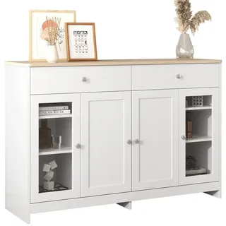Odikalo Sideboard Schließfach Anrichte, Holzmaserung 4 Türen 2 Schubladen Glastür Weiß weiß