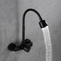HomeLava Wasserhahn Wandmontage Küche Wandarmatur Schwarz Kalt und Heiß Einhebelmischer Küchenarmatur 360° Drehbar Messing Spültischarmatur Mischbatterie Wand Armatur Wasserhahn