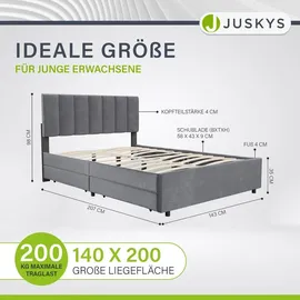 Juskys Samt Polsterbett Soria 140x200 cm mit Lattenrost & Schubladen - modernes Bett Grau