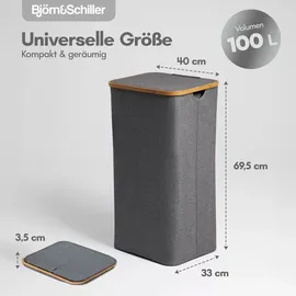 Björn&Schiller Wäschekorb hoch, und schmal, grau mit Deckel, 2 Fächer, 40x33x69 cm, Wäschesammler mit Bambusrahmen, platzsparend, 100L, - Grau/Dunkelgrau