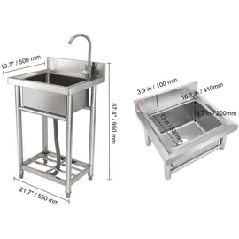 Vevor Edelstahl-Waschbecken, Freistehendes Waschbecken, inkl. Wasserhahn und Beinen, 41 x 33 x 22 cm Kommerzielle Einzelwaschbecken für Garage, Re...