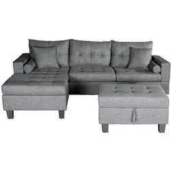 Home Deluxe GmbH HOME DELUXE - Sofagarnitur ROM - Farbe Grau - beidseitg montierbar - 242,6 cm x 154,3 cm x 90,8 cm - inkl. Hocker I Ecksofa Sofa Couch Wohnlandschaft