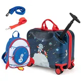 DREAMADE Kinderkoffer zum Draufsitzen, 2 TLG. Kinderkoffer mit Rucksack, Kindergepäck Trolley zum Reisen, Reisetrolley Kinder Trolley Set (Dunkelblau-Astronaut, 18 Zoll +12 Zoll)