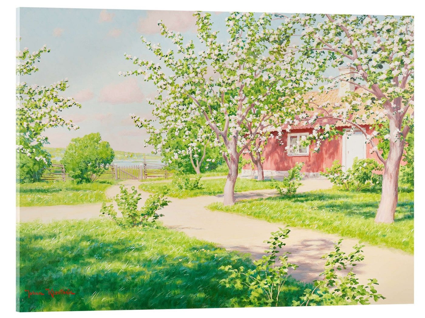 Posterlounge Acrylglasbild Johan Krouthén, Blühender Apfelbaum mit roter Hütte, Malerei 40 cm x 30 cm