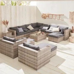 Gartengarnitur aus Kunststoffrattan XXL - Tripoli - Grautöne Graue Kissen - 14 Sitzplätze