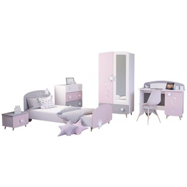 Kindermöbel 24 Kinderzimmer Sternschnuppe 5-tlg rosa weiß grau Kleiderschrank Kinderbett 2 Kommoden Schreibtisch