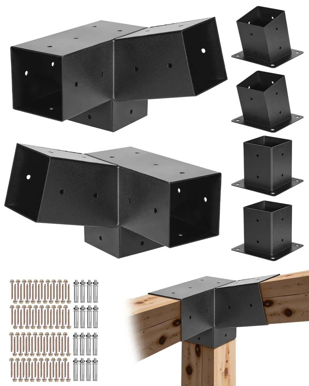 VEVOR Pfostenverbinder, 3-Wege-Schräghalterungen für 92x92 mm Holzbalken, 2er-Pack Pergola-Halterungen mit 2 Pfostensockeln & 2 Wandmontagesockeln, für Pergolen, Pavillons & Schuppen im Freien