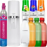 Wassersprudler SodaStream Terra White + 4 Flaschen, Grün/Weiß/Orange/Rot, 1L + Pepsi-Sirupe, Mirinda, 7UP - Weiß