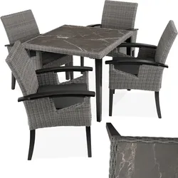 tectake® Rattan Tisch Tarent mit 4 Stühlen Rosarno, mit Holzgestellen, wetterfest und UV-beständig, Armlehnen und Füße aus Holz