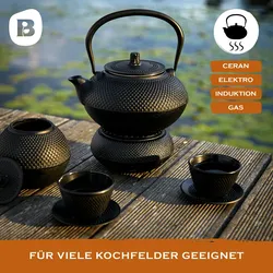 Bonvivre© Gusseisen asiatisches Teeset 12-tlg emailliert -  4 Personen | Teekanne (1,4 L), Teewärmer, Tassen, Untersetzer, Dosierlöffel, Siebeinsatz