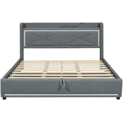Merax 160*200cm Polsterbett, Doppelbett, Ambientelicht am Ende des Bettes, mit USB-Anschluss, großer Stauraum, Grau