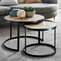 KADIMA DESIGN Design Couchtisch 2er Set Mango Massivholz Satztisch Rund, Wohnzimmertisch mit Metallbeine Braun, Tischset 2-teilig Satztisch Holz / Metall