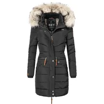 Navahoo Damen Wintermantel warmer Steppmantel lang mit abnehmbarer Kunstfell-Kapuze Paula Schwarz Gr. XS - XS