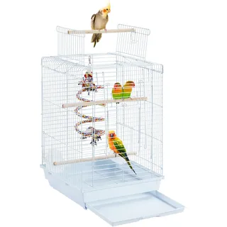 Yaheetech Vogelkäfig mit Vogelspielzeuge Wellensittichkäfig Nymphensittiche Fink Papageienkäfig mit Dach 40 x 40 x 58 cm Weiß