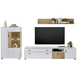 furn.design Wohnwand "Merced" Set in weiß und Eiche 280 cm, mit XXL Lowboard, Soft-Close und Staboptik - Weiß