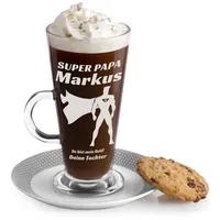 Maverton Kaffee Glas mit Gravur 360 ml - Latte Macchiato Tasse mit Griff - Cappuccino Glas - Kaffee Zubehör - Kaffeetasse für Männer zum Geburtstag - personalisiert - Superheld