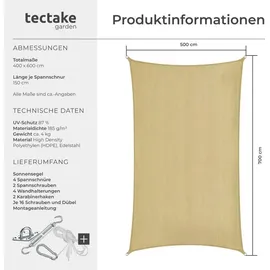 Tectake tectake® Sonnensegel Sunny HDPE mit 185 g/m2 und 87 % UV-Schutz für Balkon, Garten und Terrasse, umfangreiches Montagematerial