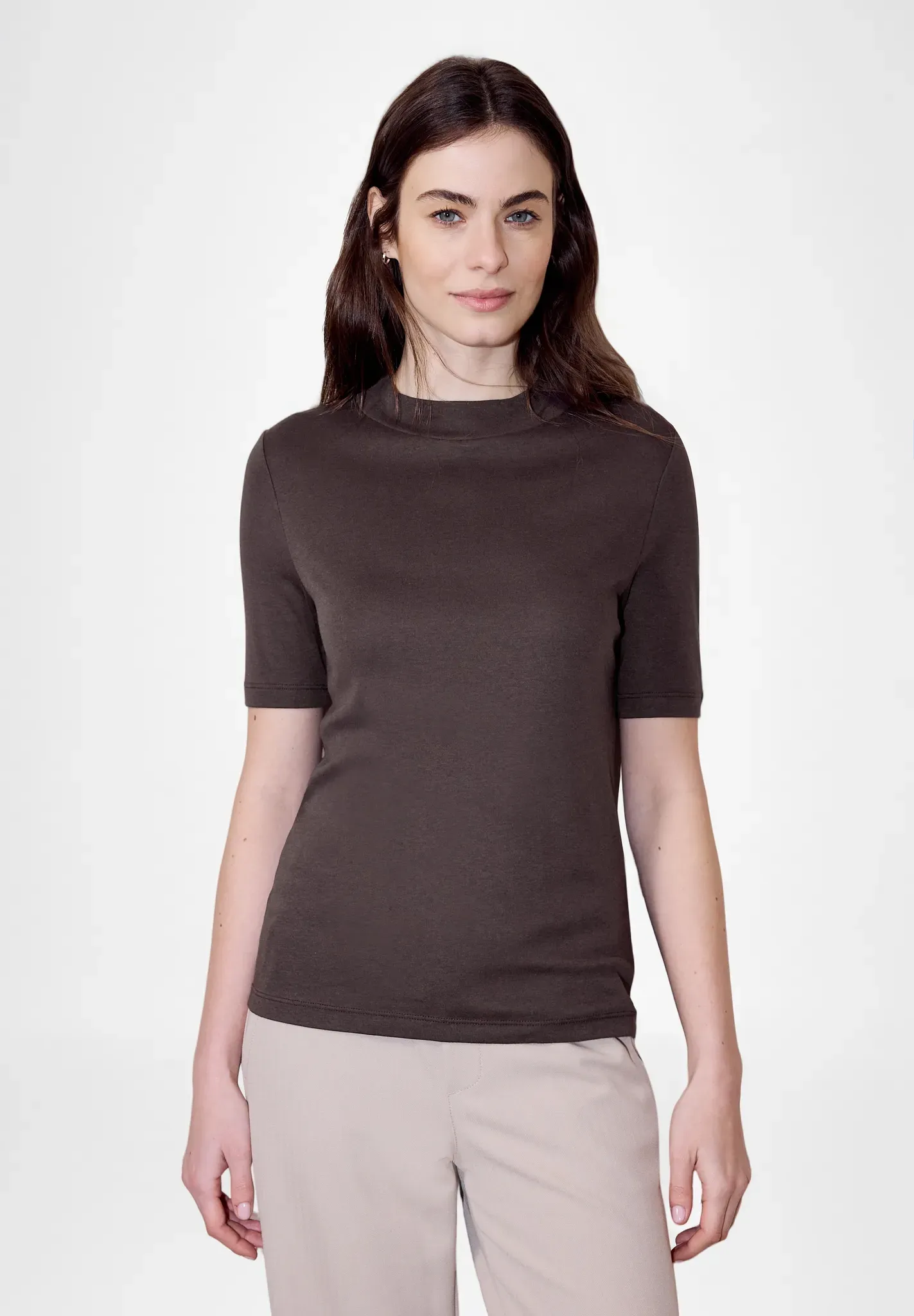 Rollkragenshirt STREET ONE STUDIO, Damen, Gr. 46, braun (plummy braun), Web, 50% Baumwolle, 50% Modal, unifarben, Basic, normal normal, hoch geschlossener Ausschnitt, abgesteppt, Shirts, mit Turtleneck