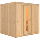 Woodfeeling Karibu Sauna Daria - 68 mm Systemsauna - 230 Volt Plug & Play-Ohne Ofen-Ohne Dachkranz- Energiesparende Saunatür inkl. 8-teiligem gratis Zubehörpaket (Gesamtwert 191,92€)