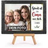 PR Print Royal Schieferplatte selbst gestalten - mit Foto Bedrucken - Glück ist eine Oma wie Dich zu haben - Geschenk für Oma zum Geburtstag, Weihnachten, Schiefertafel mit Staffelei, 15 x 20 cm