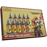 The Army Painter Speedpaint 2.0 Metallics Set, 10 metallische, ungiftige Acryl-Kontrastfarben in 18ml Tropfflaschen inkl. 1 kostenlosem Grundierpinsel, Miniatur-Fantasy-Tischspiel-Bemalung.