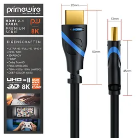 Primewire 8k HDMI Kabel 2.1 - 8K @ 120Hz 4K @ 240Hz mit DSC, 48 Gbit/s, hdmi 2.0a 2.0b, 3D, Highspeed Ethernet, hdtv uhd ii, HDR-10+ eARC vrr - 0,5 m
