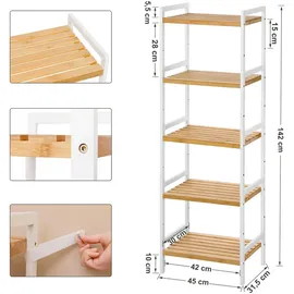 Songmics Bambus Regal, Küchenregal, Badregal, Bücherregal, Standregal mit 5 Ablagen, 31,5 x 45 x 142 cm, für Bad, Küche, Wohnzimmer, Schlafzimmer, Balkon, naturfarben-weiß BCB75WN
