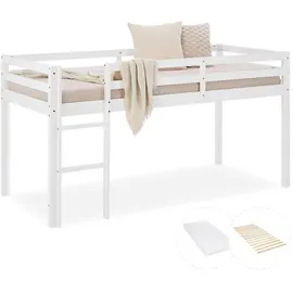 Homestyle4u Hochbett 90 x 200 cm Kiefer massiv weiß grau
