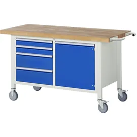 Rau Werkbank Stahl 1250x700x880mm blau fahrbar mit 4 Schubladen und 1 Tür